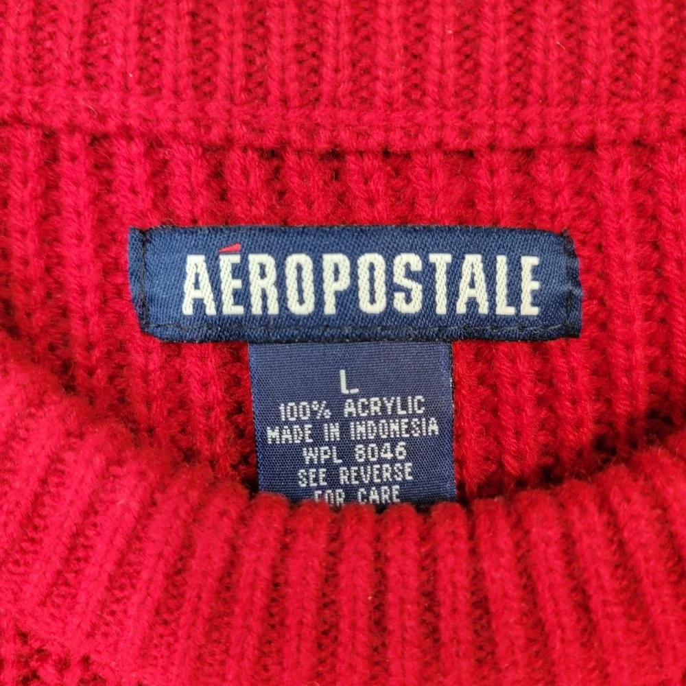Aeropostale Mens Large Red Ribbed Crewneck Sweater Gray Chest Stripe Pullover